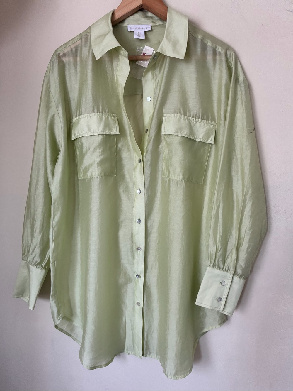 House of Harlow 1960 Sage Green Sheer Shimmer Button Down Tunic Shirt S Fall